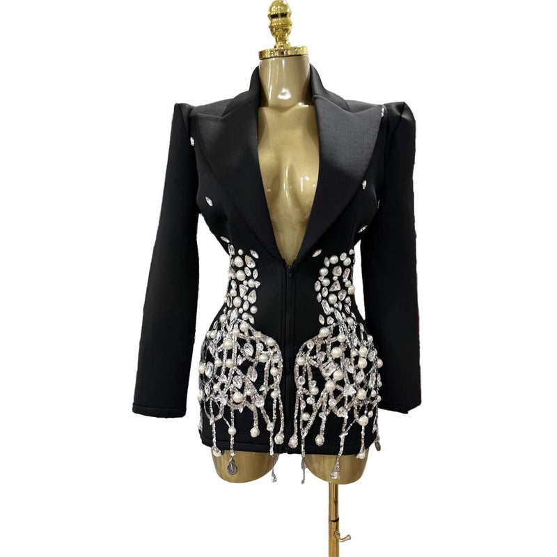 Black diamond design suit dress - Velouré