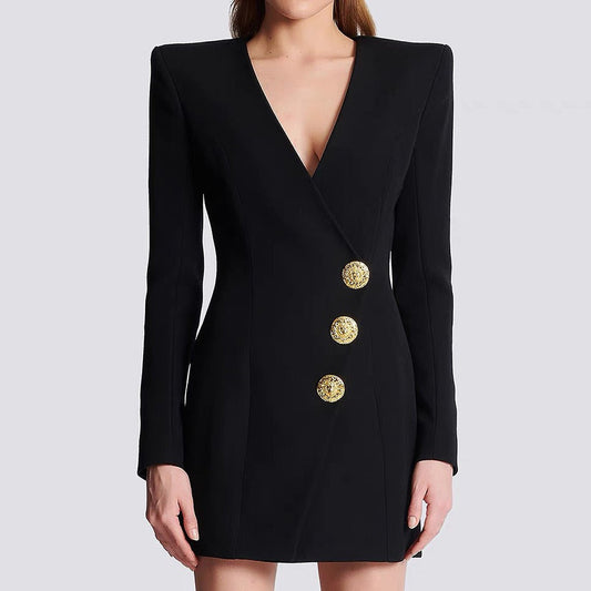 Button Long - Sleeved Suit Dress Jacket for Women - Velouré