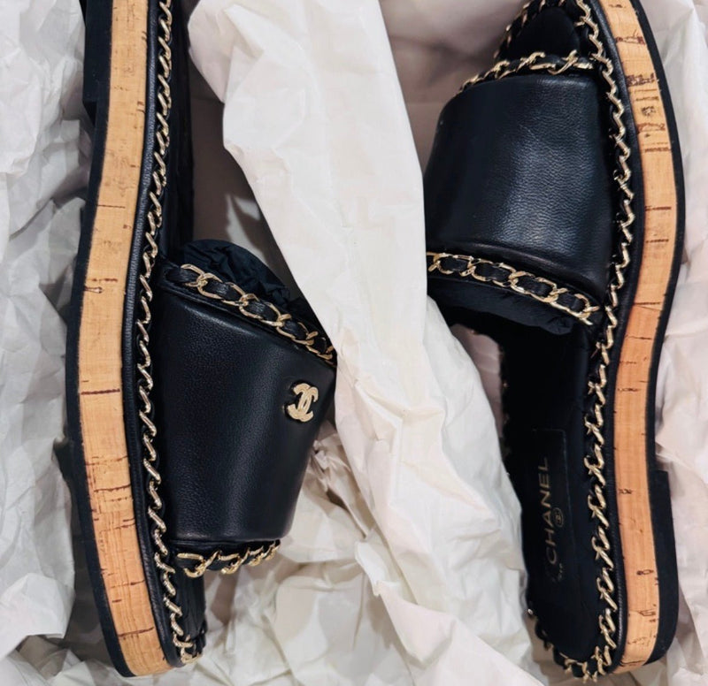 Chanel Black Leather CC Chain Sandals - Velouré