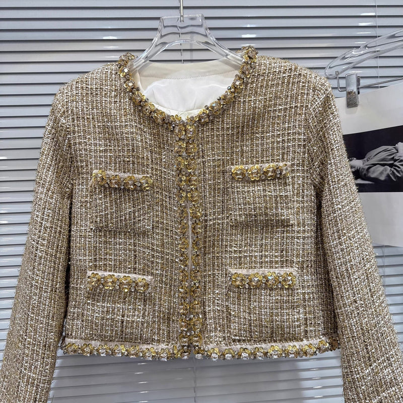 Ostrich Diamond Tweed Down Lined Short Coat - Velouré