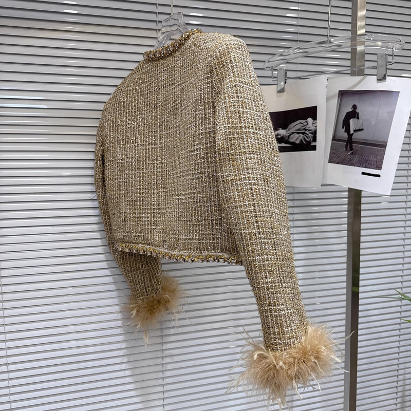 Ostrich Diamond Tweed Down Lined Short Coat - Velouré