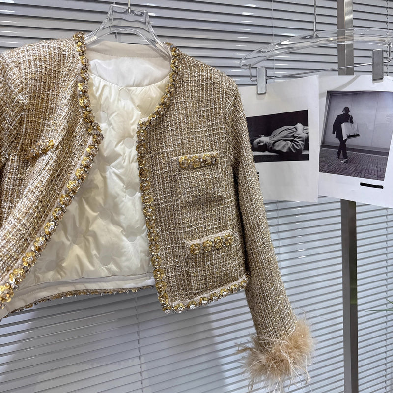 Ostrich Diamond Tweed Down Lined Short Coat - Velouré