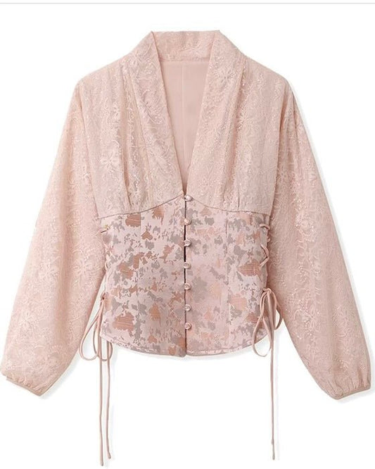 Pink Embroidery V - neck top - Velouré
