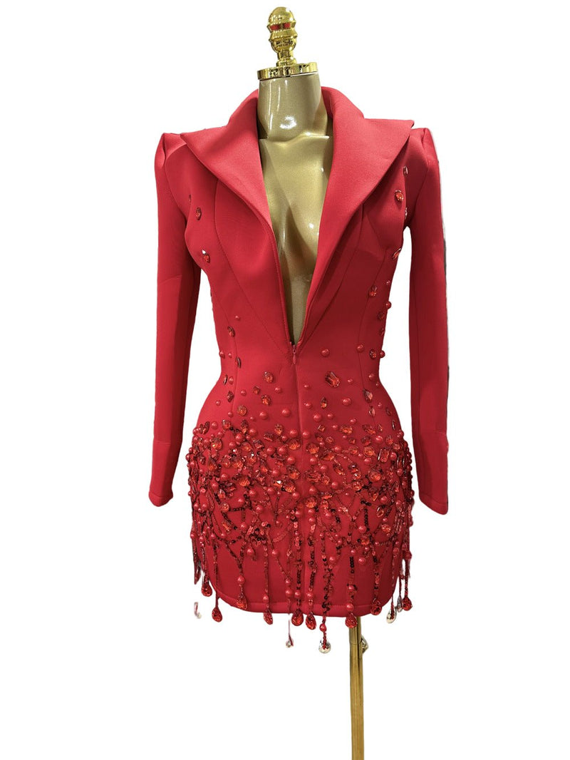 Red diamond design suit dress - Velouré