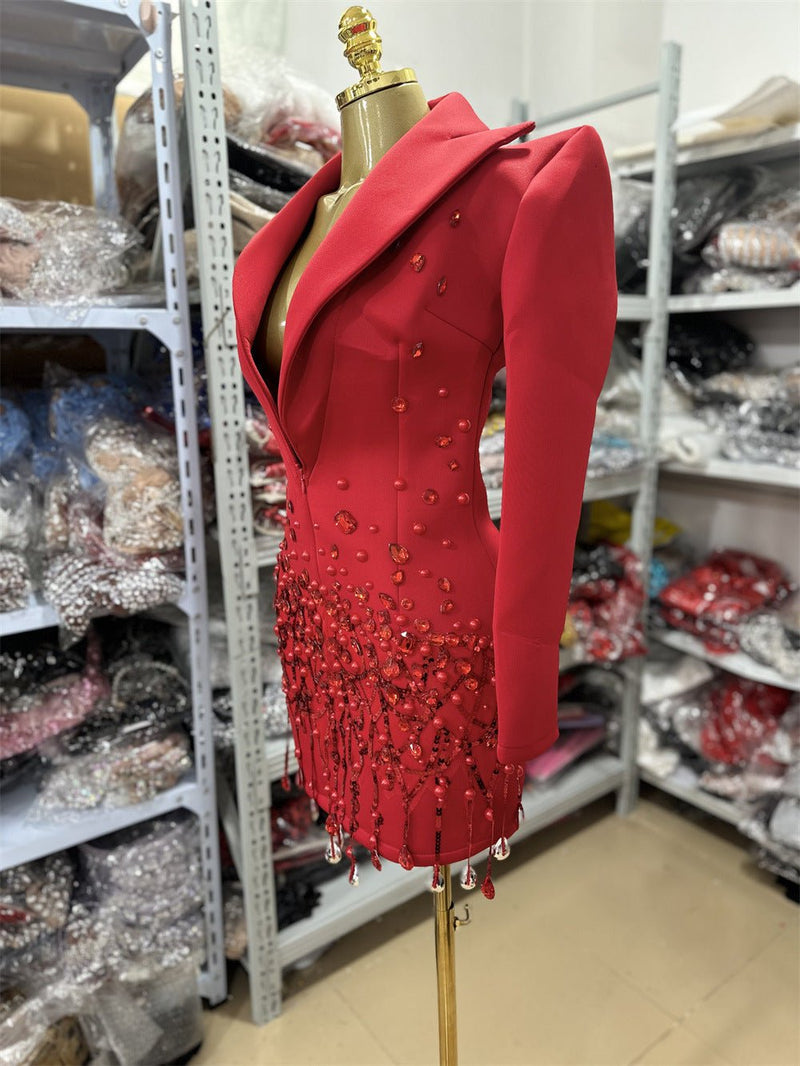 Red diamond design suit dress - Velouré