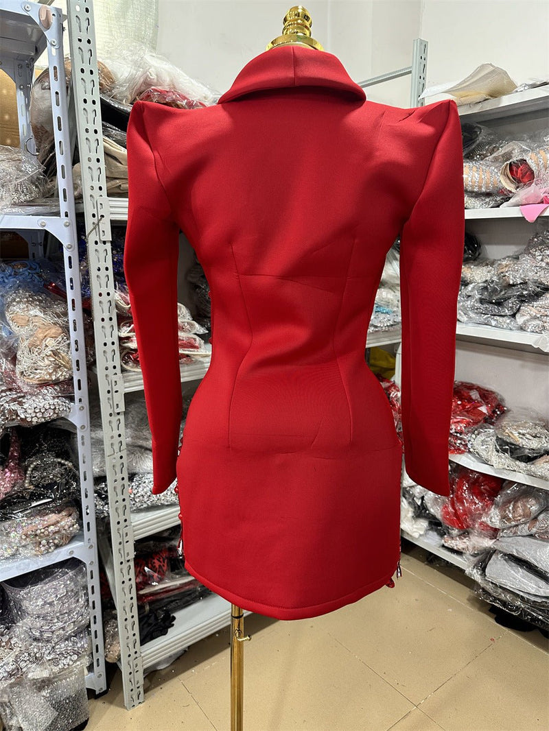 Red diamond design suit dress - Velouré