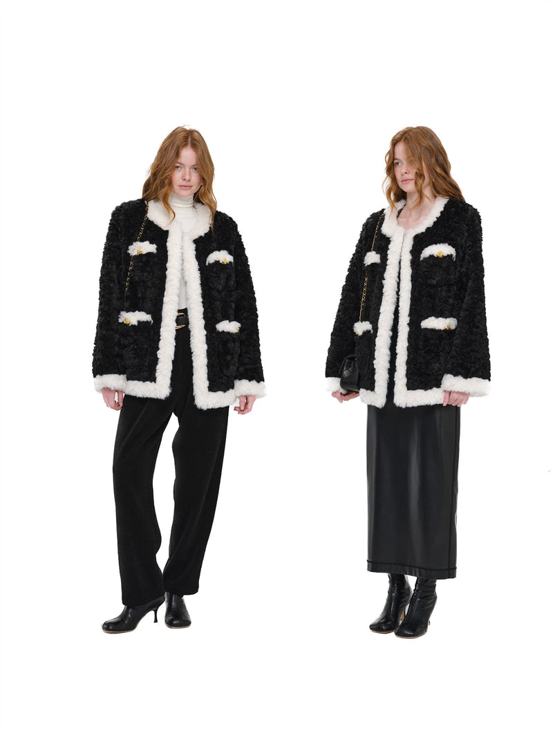 Second - Hand Series Black and White Patchwork Eco - Friendly Fur Coat - Velouré