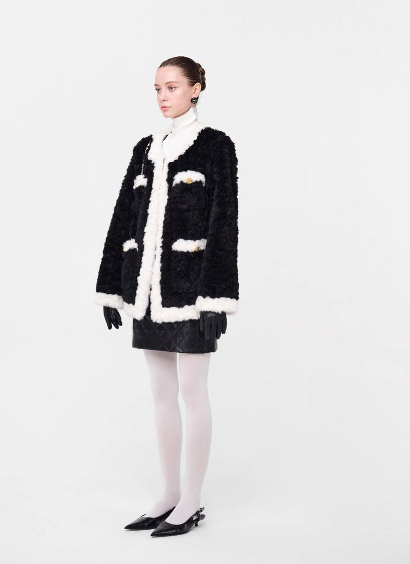 Second - Hand Series Black and White Patchwork Eco - Friendly Fur Coat - Velouré