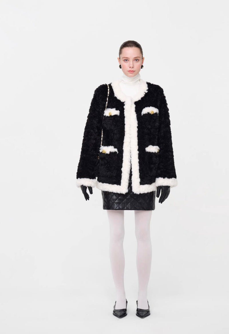 Second - Hand Series Black and White Patchwork Eco - Friendly Fur Coat - Velouré
