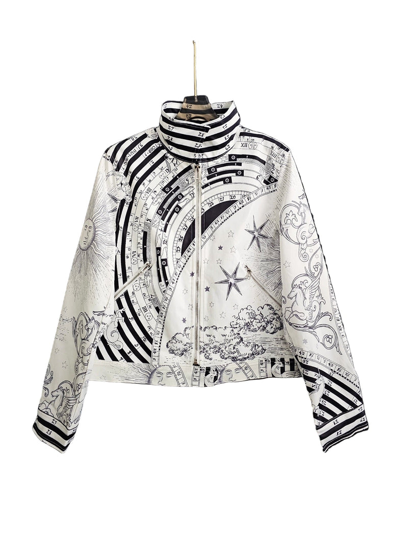 Starry Sky Letter Print Stand Collar Zipper Jacket - Velouré