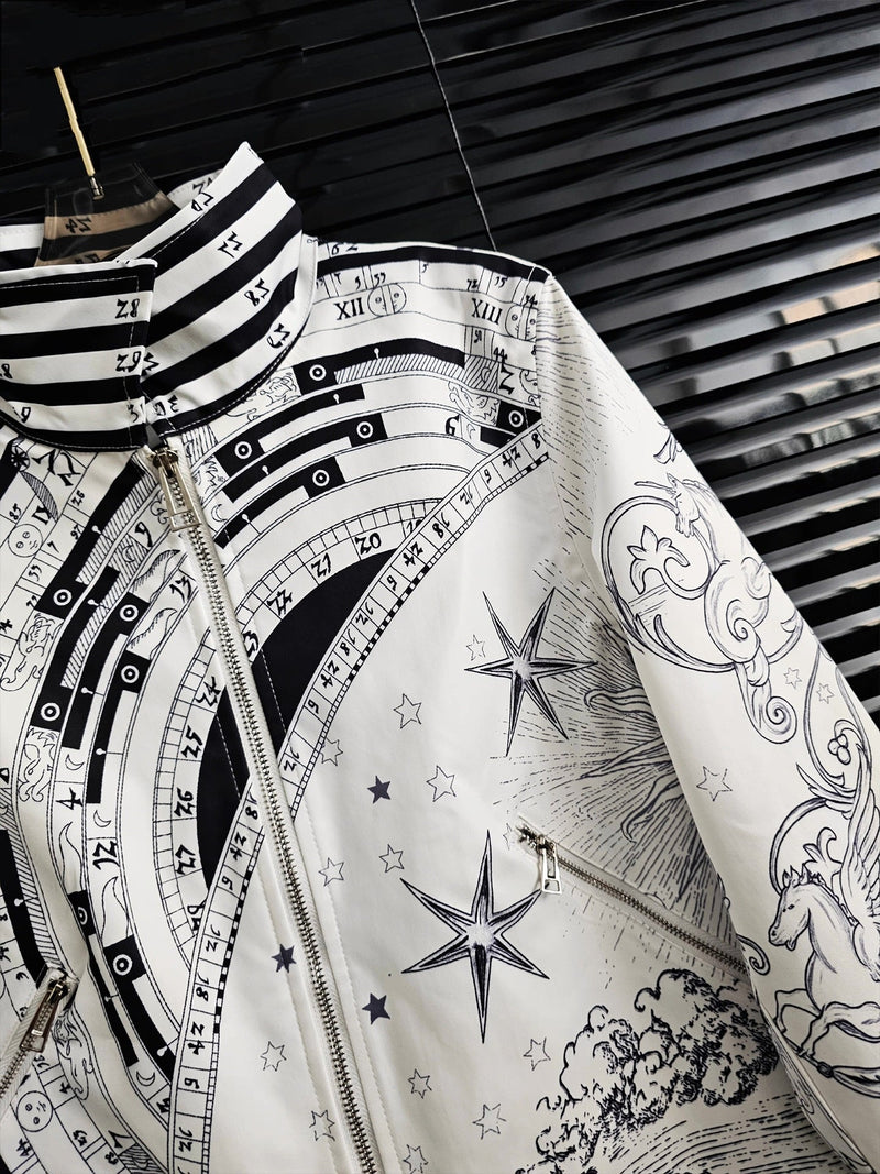 Starry Sky Letter Print Stand Collar Zipper Jacket - Velouré