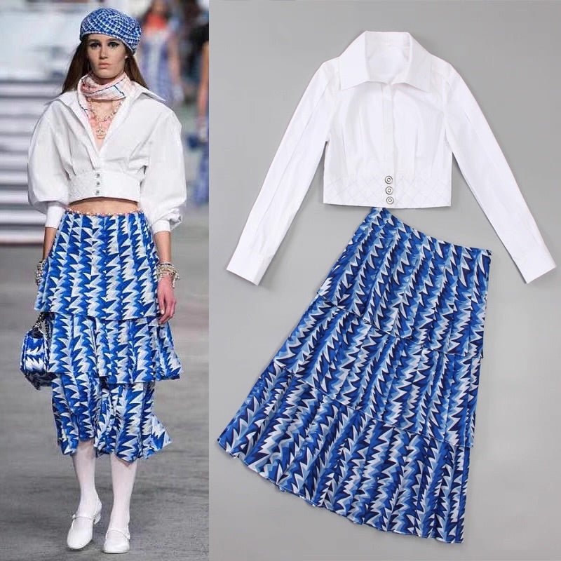 Tops Print Pleated Cake Skirt silm Elegant Women's Suit - Velouré